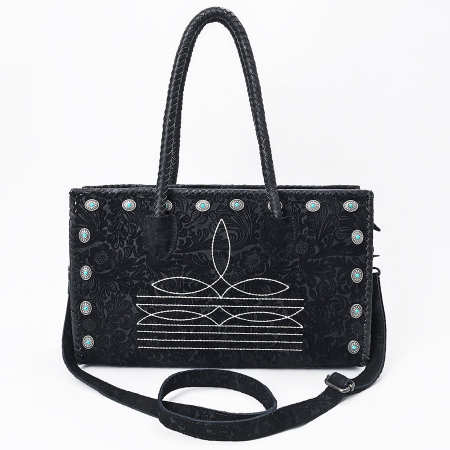 American Darling Tote Bag Western Hand-Tooled Genuine Leather Shoulder Bag with Boot Stitching and Turquoise Conchos