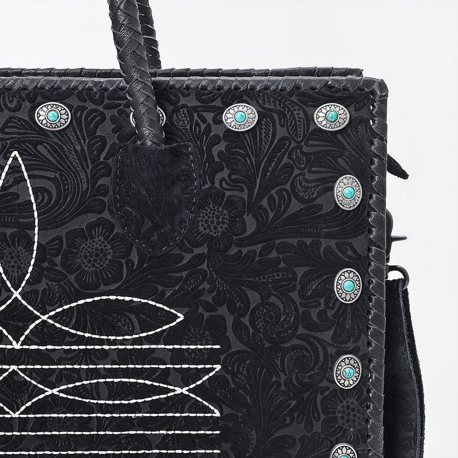 American Darling Tote Bag Western Hand-Tooled Genuine Leather Shoulder Bag with Boot Stitching and Turquoise Conchos