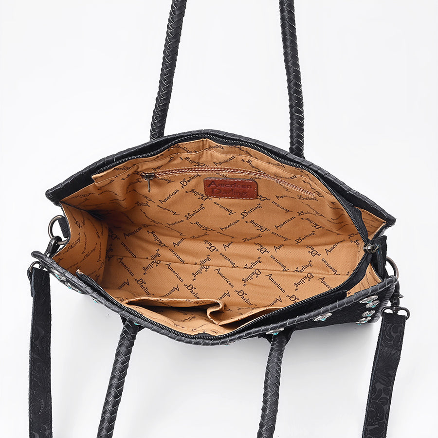 American Darling Tote Bag Western Hand-Tooled Genuine Leather Shoulder Bag with Boot Stitching and Turquoise Conchos