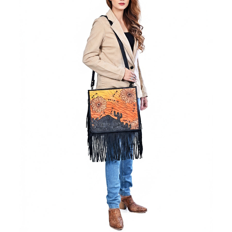 American Darling Cross body Bag for Women, Hand Tooled Floral Carved Leather with Rivets & Fringes, Western Boho Messenger