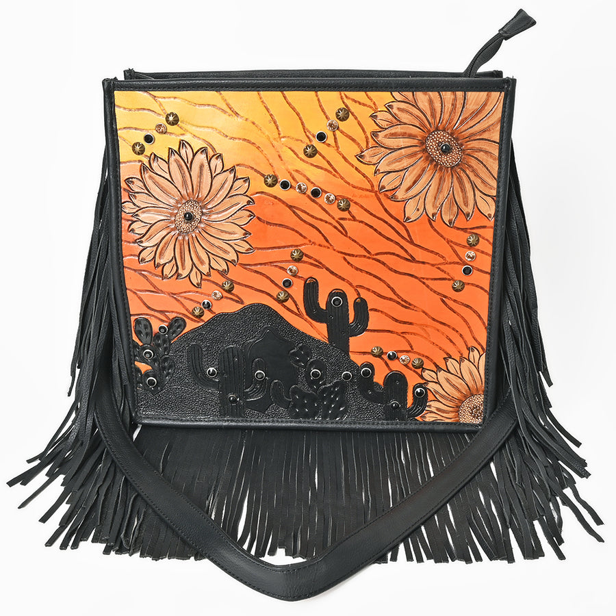 American Darling Cross body Bag for Women, Hand Tooled Floral Carved Leather with Rivets & Fringes, Western Boho Messenger