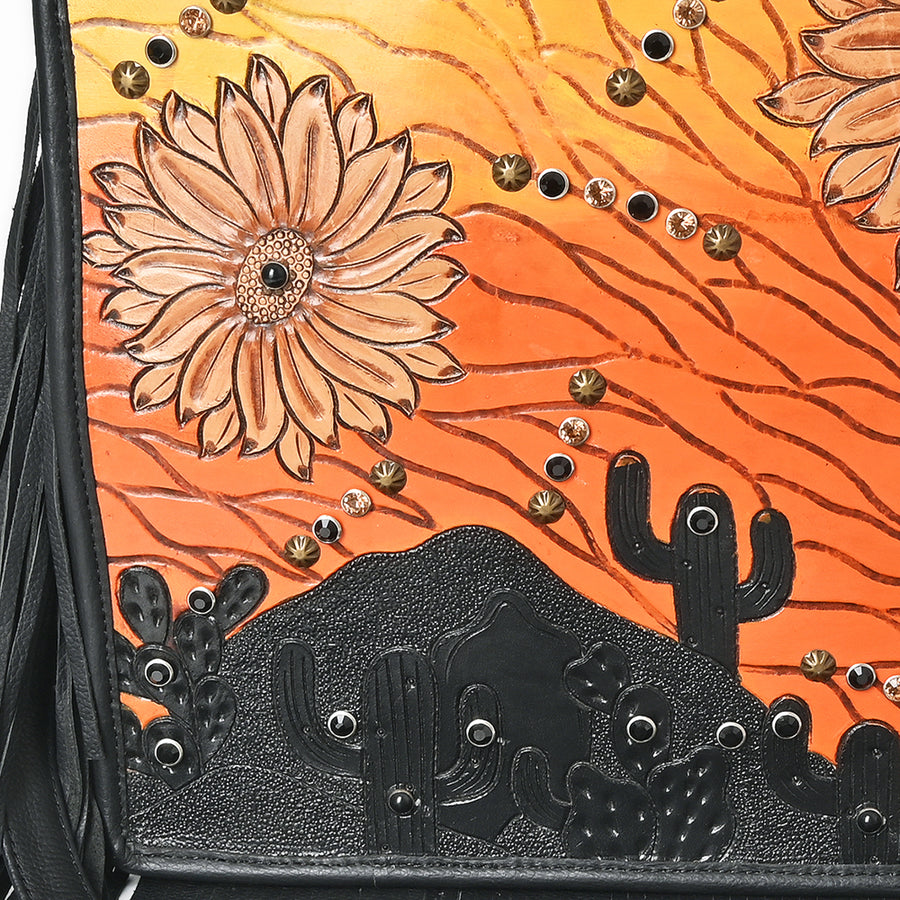 American Darling Cross body Bag for Women, Hand Tooled Floral Carved Leather with Rivets & Fringes, Western Boho Messenger