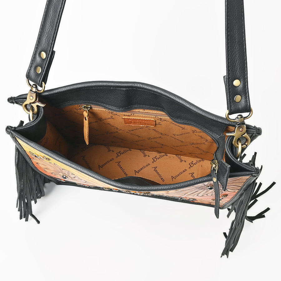 American Darling Cross body Bag for Women, Hand Tooled Floral Carved Leather with Rivets & Fringes, Western Boho Messenger