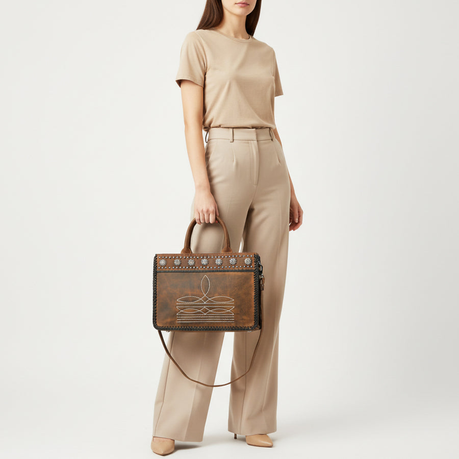 American Darling Tote Bag Western Genuine Leather Handbag with Boot Stitched Design Rivets and Premium YKK Zipper
