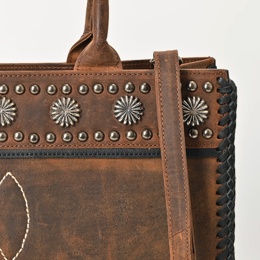 American Darling Tote Bag Western Genuine Leather Handbag with Boot Stitched Design Rivets and Premium YKK Zipper
