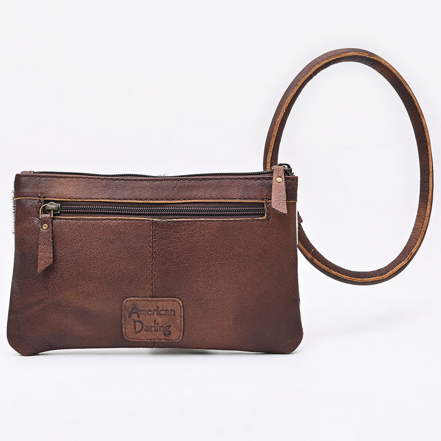 American Darling Wristlet Bag Western Hand-Tooled Genuine Leather Hair-On Cowhide Clutch with Floral Carving and Buck Stitching
