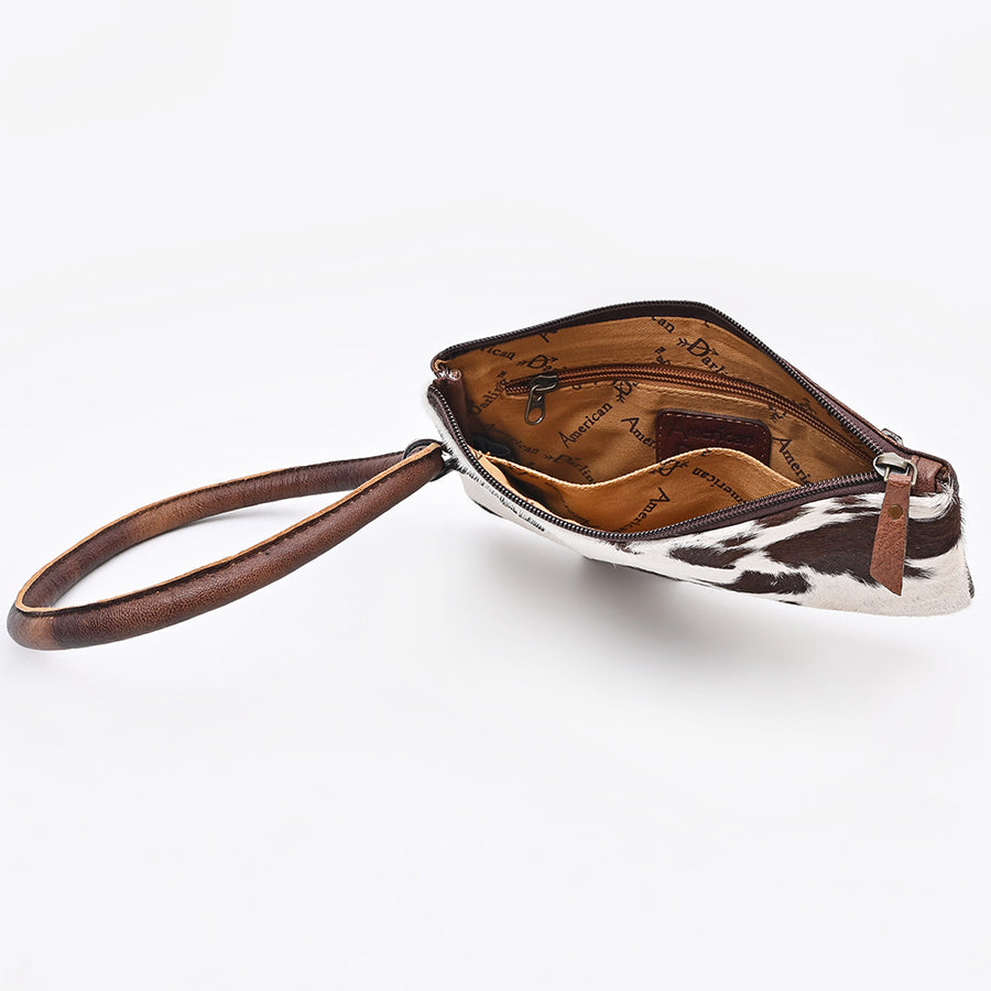 American Darling Wristlet Bag Western Hand-Tooled Genuine Leather Hair-On Cowhide Clutch with Floral Carving and Buck Stitching