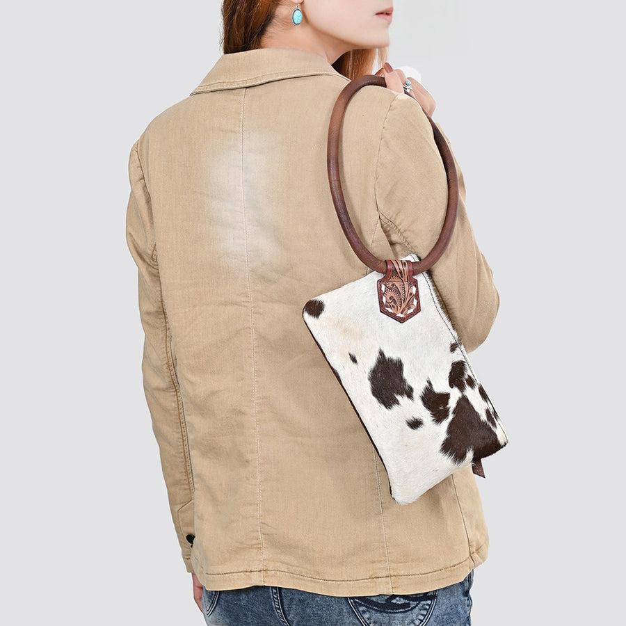 American Darling Wristlet Bag Western Hand-Tooled Genuine Leather Hair-On Cowhide Clutch with Floral Carving and Buck Stitching