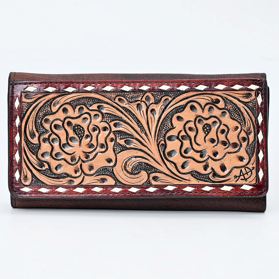 American Darling Wallet Bag Western Hand-Tooled Genuine Leather Clutch with Buck Stitching and Floral Carving