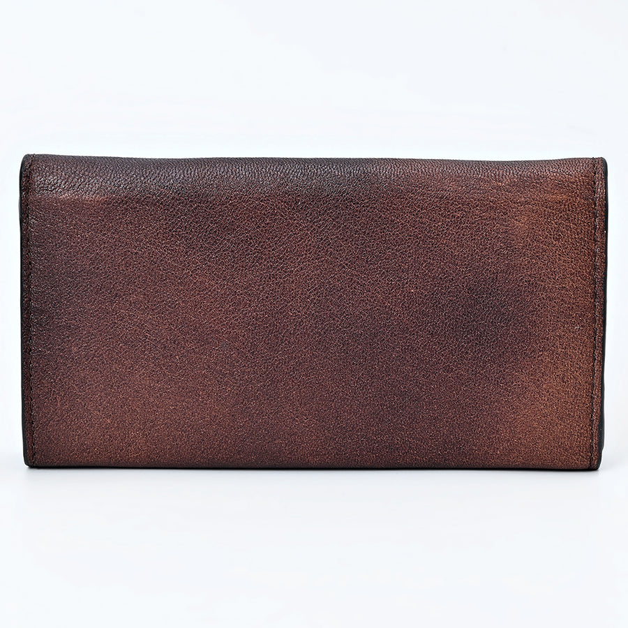 American Darling Wallet Bag Western Hand-Tooled Genuine Leather Clutch with Buck Stitching and Floral Carving