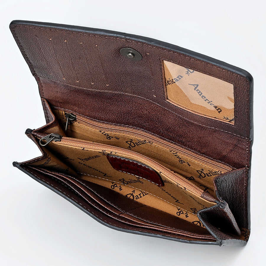 American Darling Wallet Bag Western Hand-Tooled Genuine Leather Clutch with Buck Stitching and Floral Carving