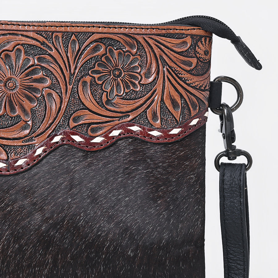 OHLAY Western Leather Dark Brown Hairon Crossbody Tooled Floral Panel
