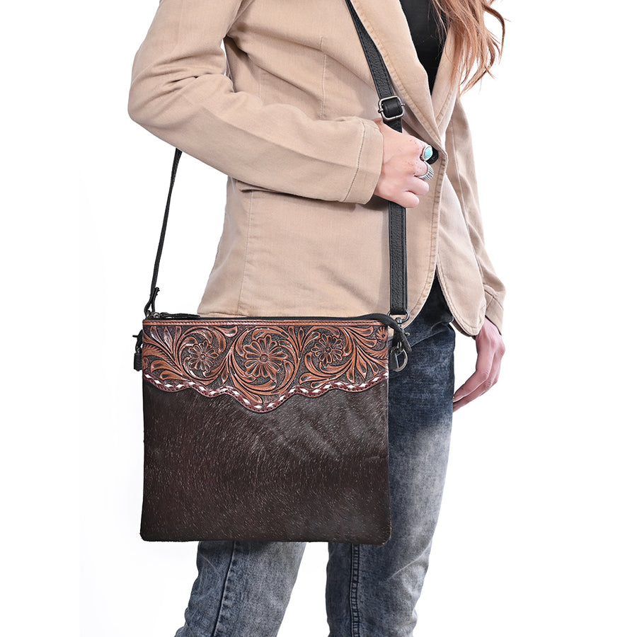 OHLAY Western Leather Dark Brown Hairon Crossbody Tooled Floral Panel