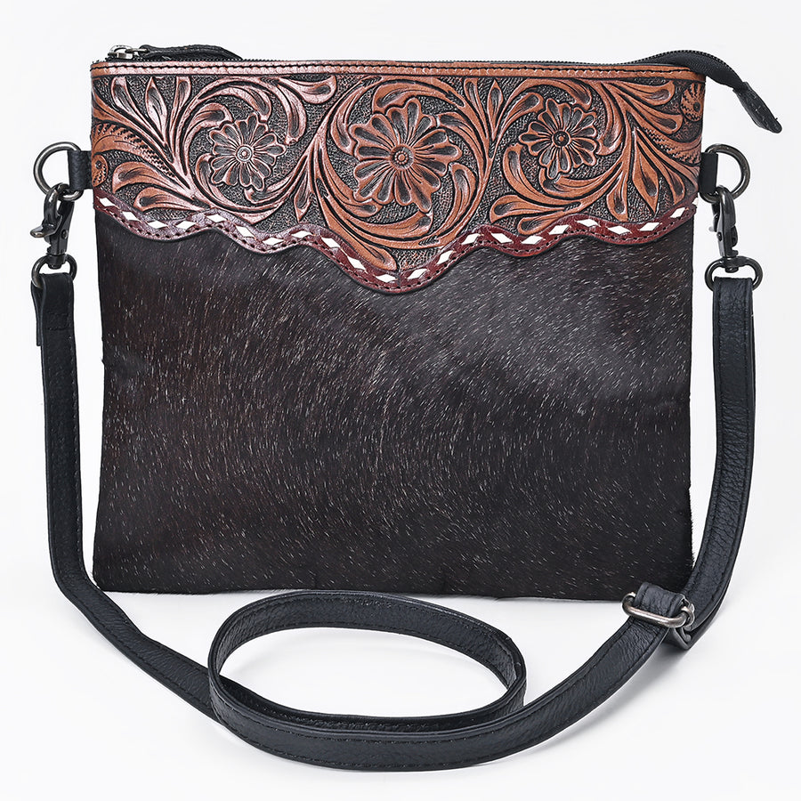 OHLAY Western Leather Dark Brown Hairon Crossbody Tooled Floral Panel