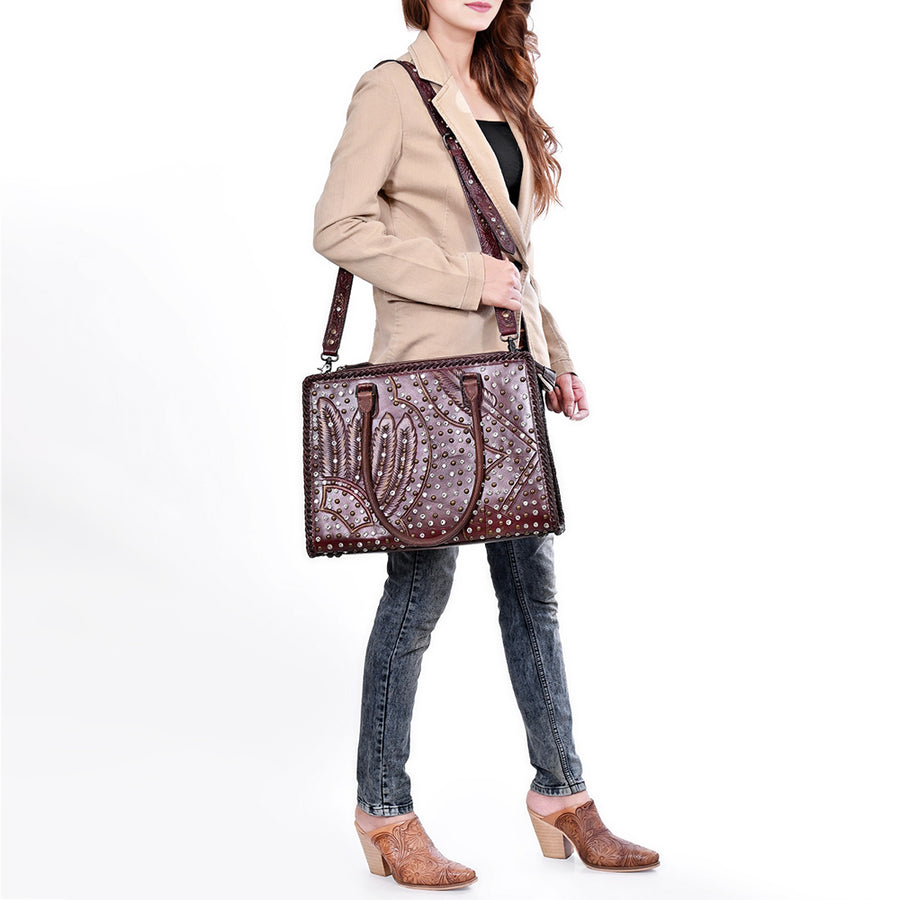 American Darling Tote Bag Western Hand-Tooled Genuine Leather Shoulder Bag with Rivets and Braided Trim Crossbody