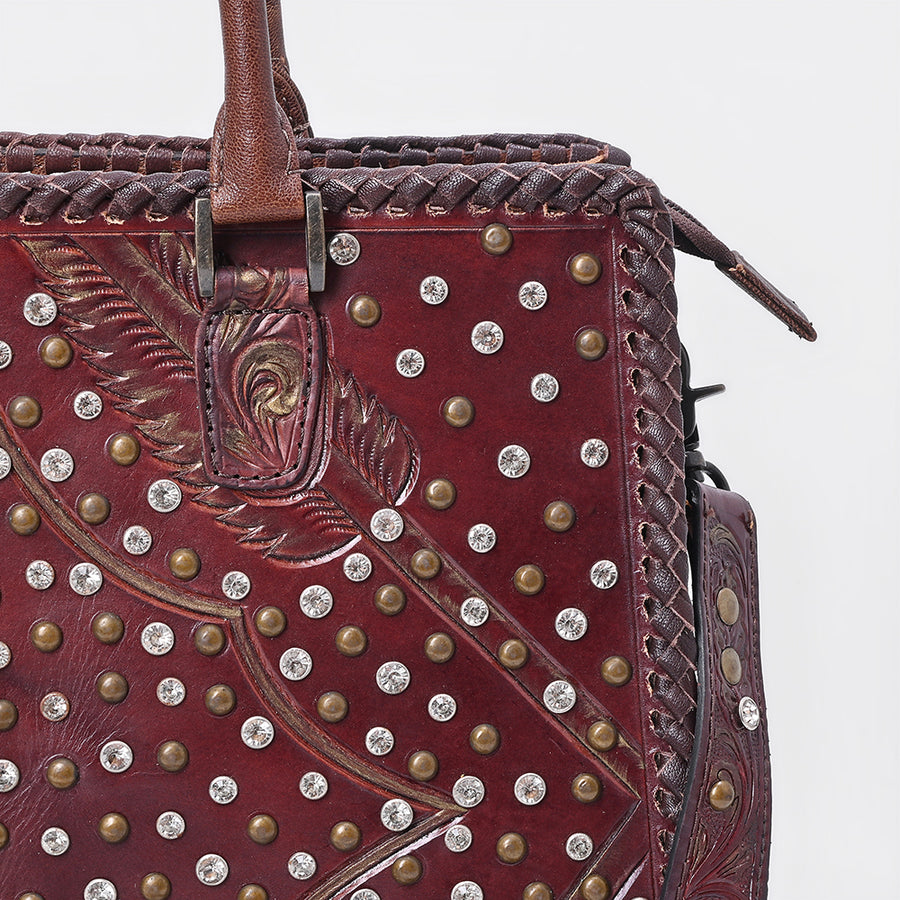 American Darling Tote Bag Western Hand-Tooled Genuine Leather Shoulder Bag with Rivets and Braided Trim Crossbody