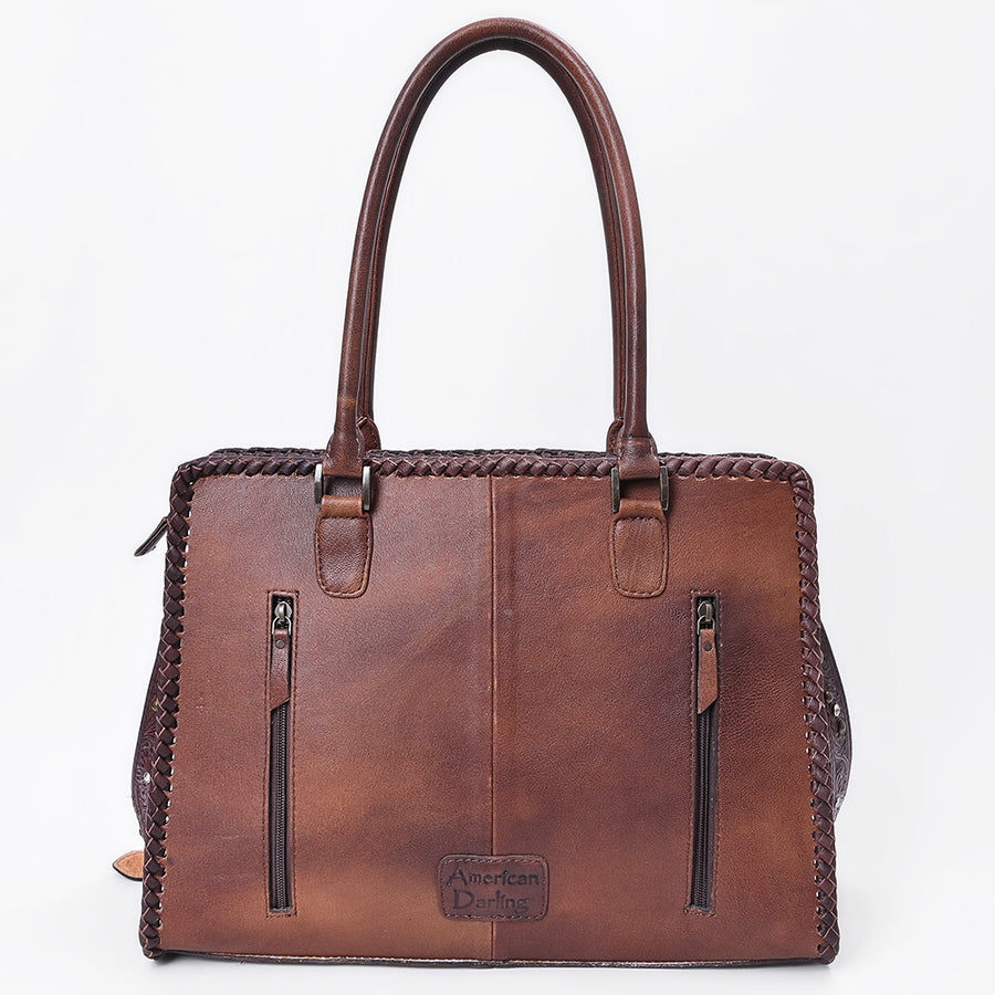 American Darling Tote Bag Western Hand-Tooled Genuine Leather Shoulder Bag with Rivets and Braided Trim Crossbody
