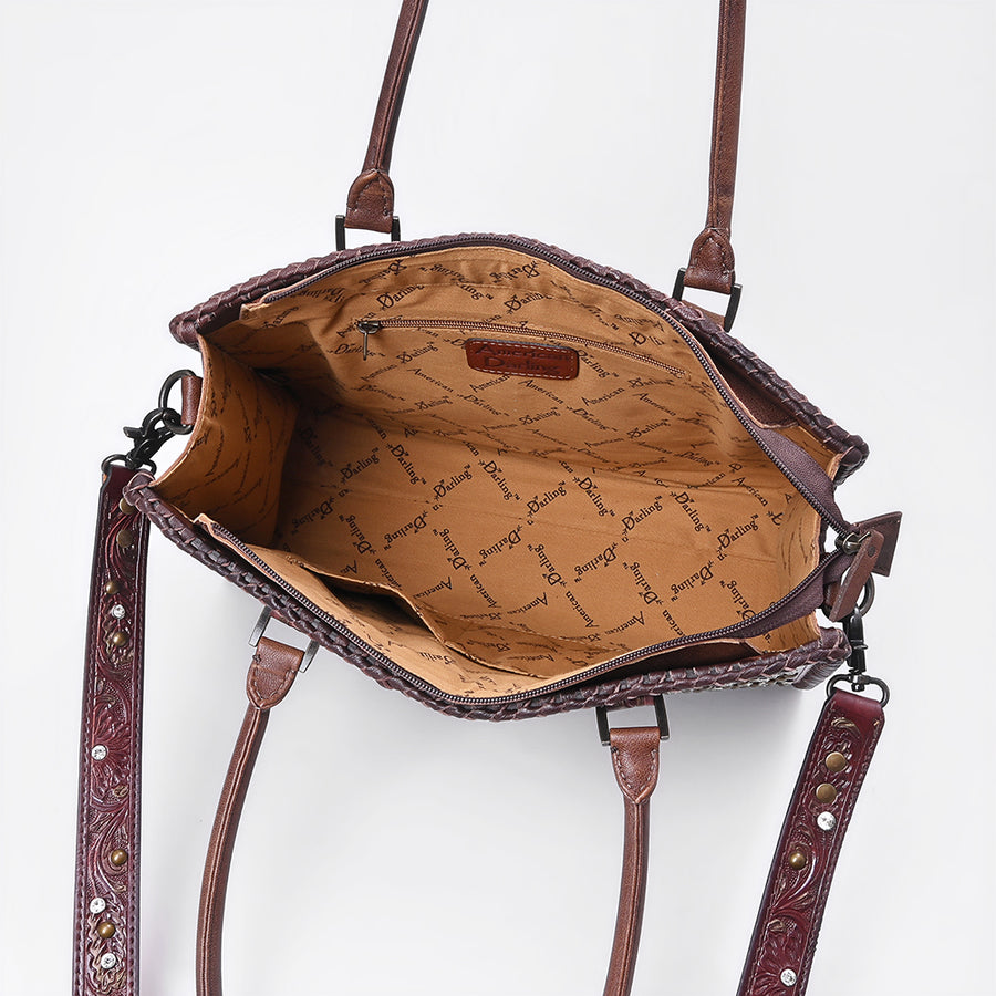 American Darling Tote Bag Western Hand-Tooled Genuine Leather Shoulder Bag with Rivets and Braided Trim Crossbody