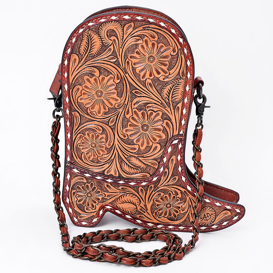 American Darling Cross body Bag Western Hand-Tooled Floral Shoe Shape Genuine Leather Purse with Buck Stitching