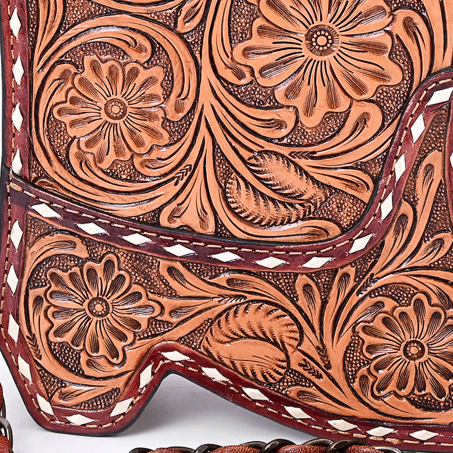 American Darling Cross body Bag Western Hand-Tooled Floral Shoe Shape Genuine Leather Purse with Buck Stitching