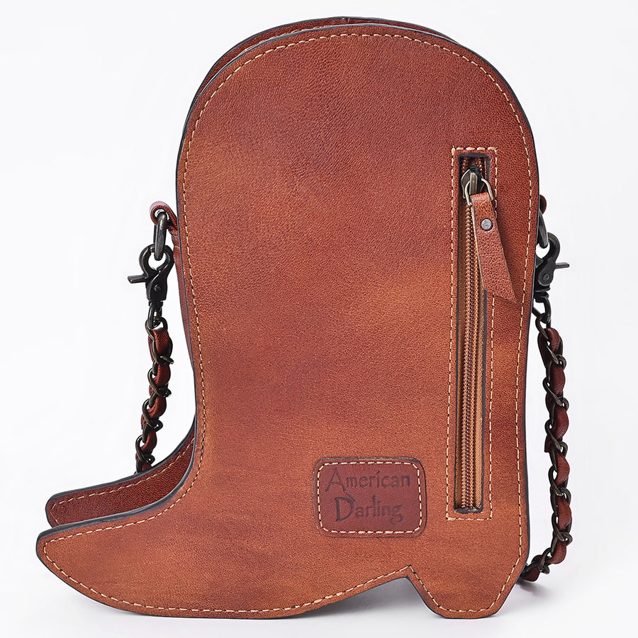 American Darling Cross body Bag Western Hand-Tooled Floral Shoe Shape Genuine Leather Purse with Buck Stitching