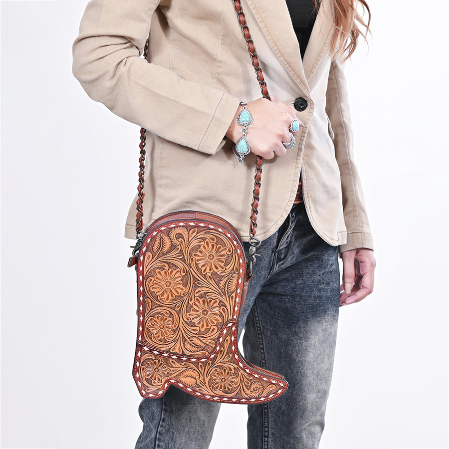 American Darling Cross body Bag Western Hand-Tooled Floral Shoe Shape Genuine Leather Purse with Buck Stitching