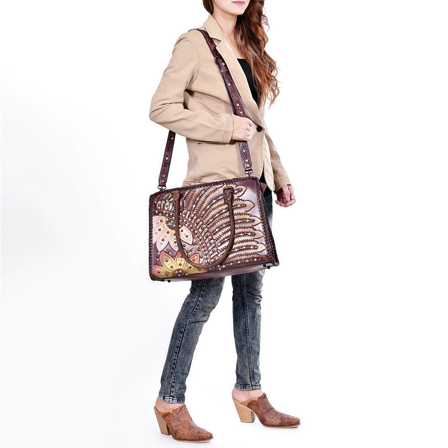 American Darling Tote Bag Western Hand-Tooled Genuine Leather Floral Carved Shoulder Bag with Braided Trim and Rivets