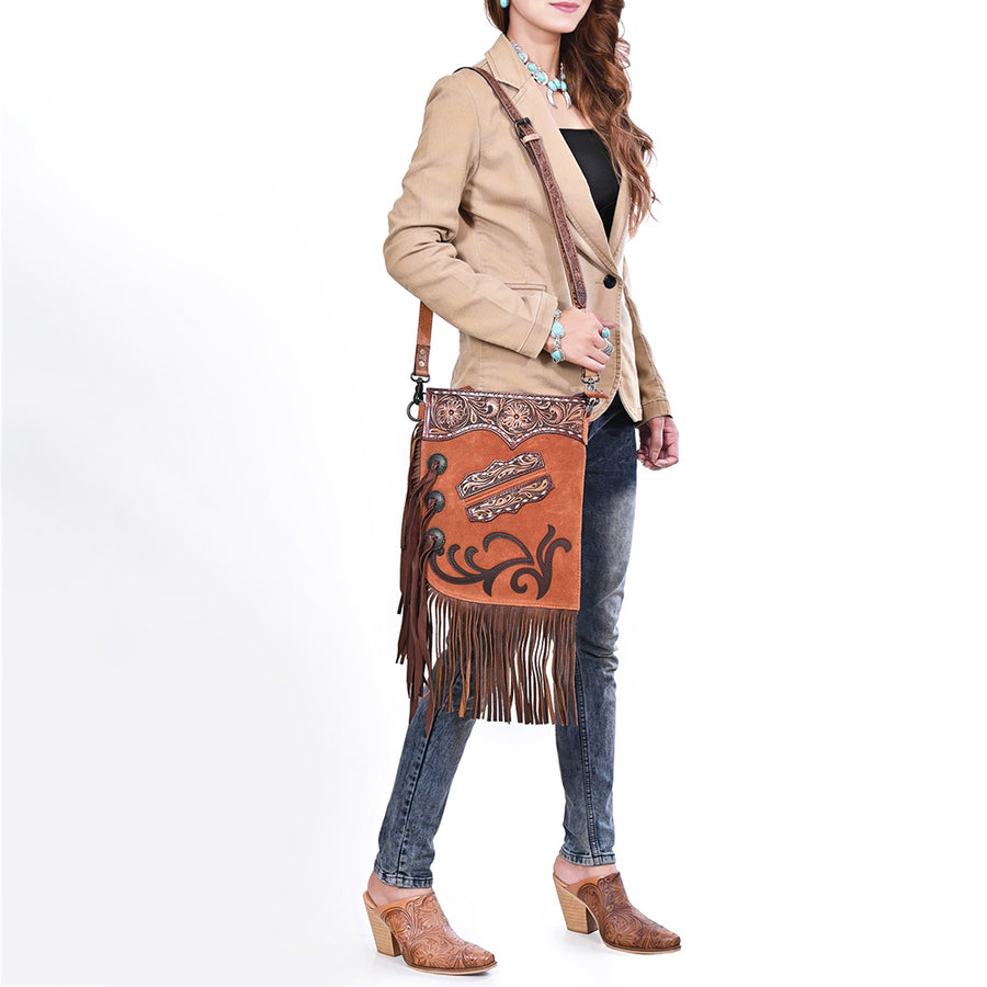 American Darling Chaps Bag Western Hand-Tooled Genuine Suede Leather Crossbody with Tassels Fringes and Floral Carving