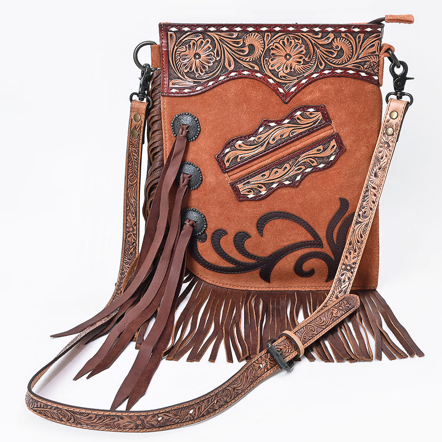American Darling Chaps Bag Western Hand-Tooled Genuine Suede Leather Crossbody with Tassels Fringes and Floral Carving