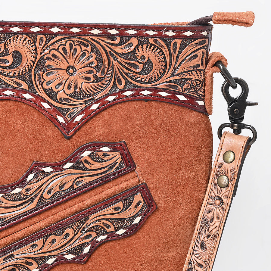 American Darling Chaps Bag Western Hand-Tooled Genuine Suede Leather Crossbody with Tassels Fringes and Floral Carving