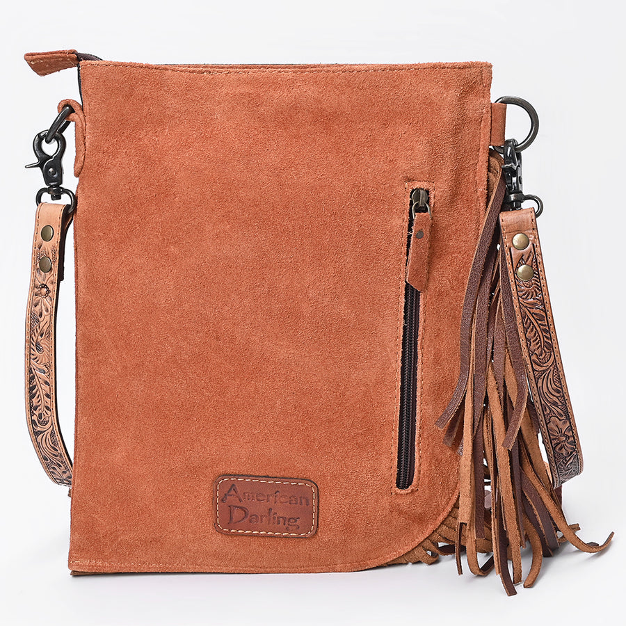 American Darling Chaps Bag Western Hand-Tooled Genuine Suede Leather Crossbody with Tassels Fringes and Floral Carving