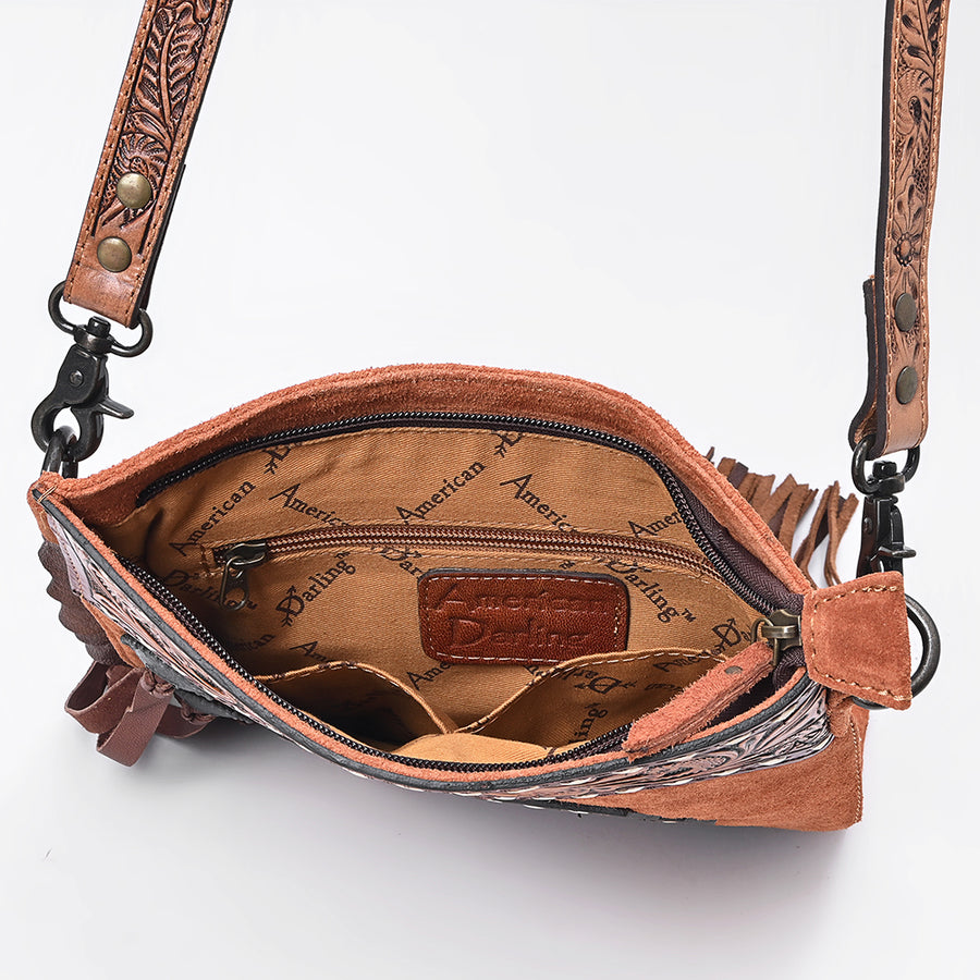 American Darling Chaps Bag Western Hand-Tooled Genuine Suede Leather Crossbody with Tassels Fringes and Floral Carving