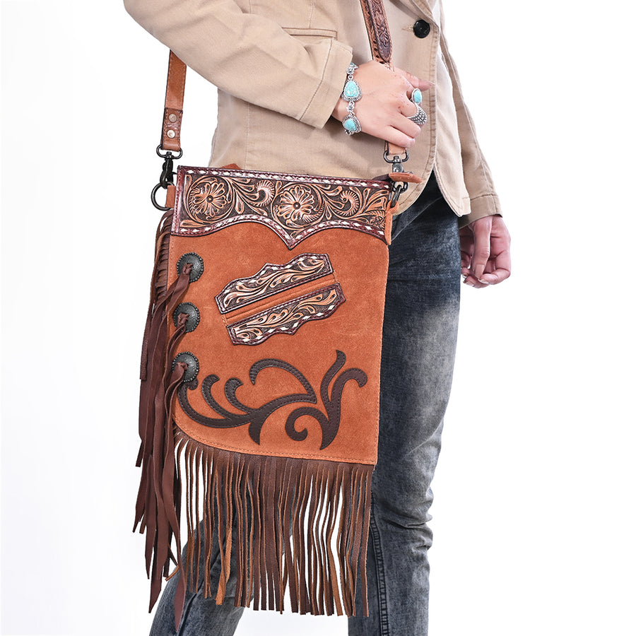 American Darling Chaps Bag Western Hand-Tooled Genuine Suede Leather Crossbody with Tassels Fringes and Floral Carving