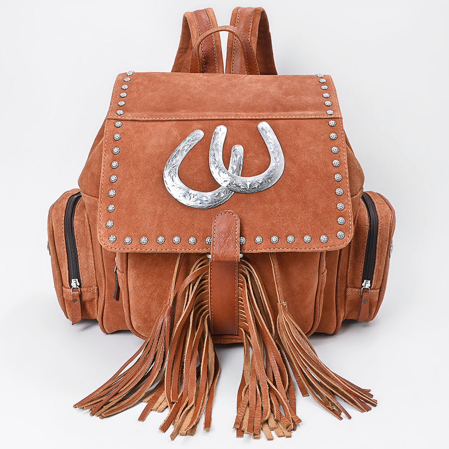 American Darling Backpack Bag Western Genuine Suede Leather with Fringes Tassels Concho and Riveted Full Grain Leather Accents