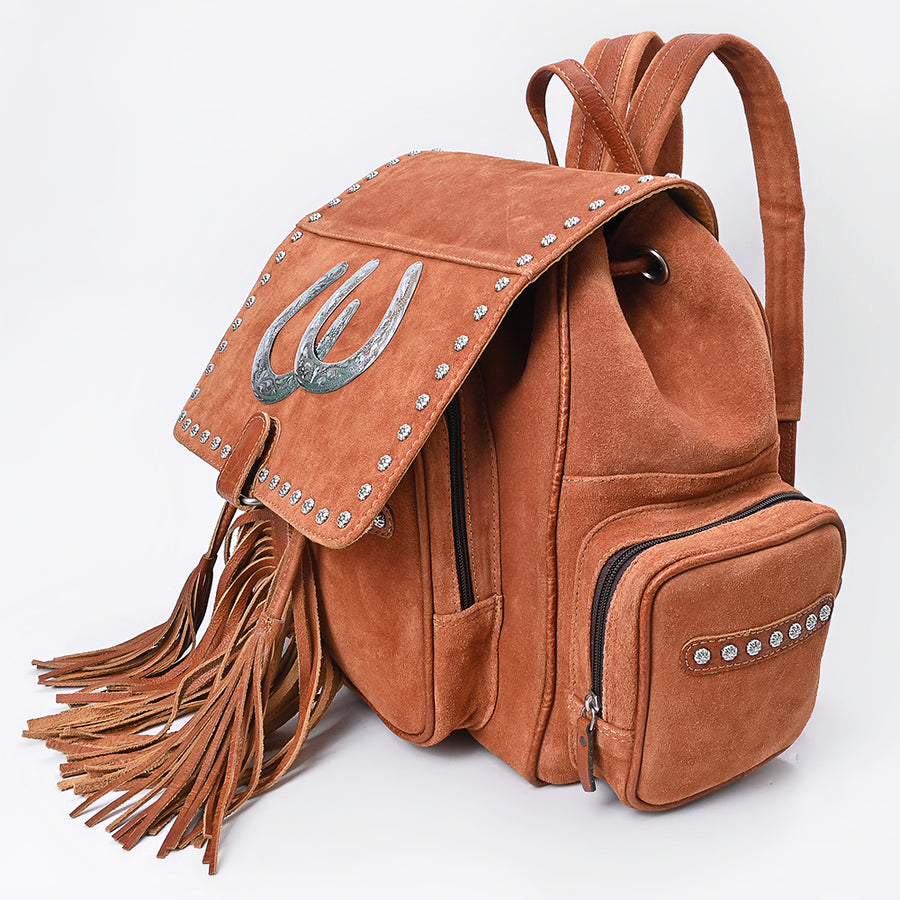 American Darling Backpack Bag Western Genuine Suede Leather with Fringes Tassels Concho and Riveted Full Grain Leather Accents