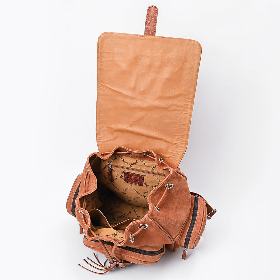American Darling Backpack Bag Western Genuine Suede Leather with Fringes Tassels Concho and Riveted Full Grain Leather Accents