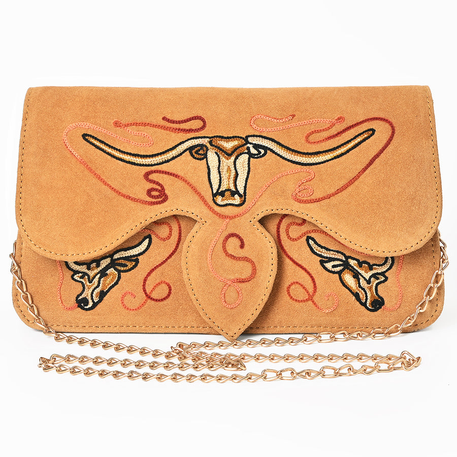 American Darling Cross body Bag for Women, Embroidered Genuine Suede Leather with Longhorn Design, Western Purse with Chain Strap