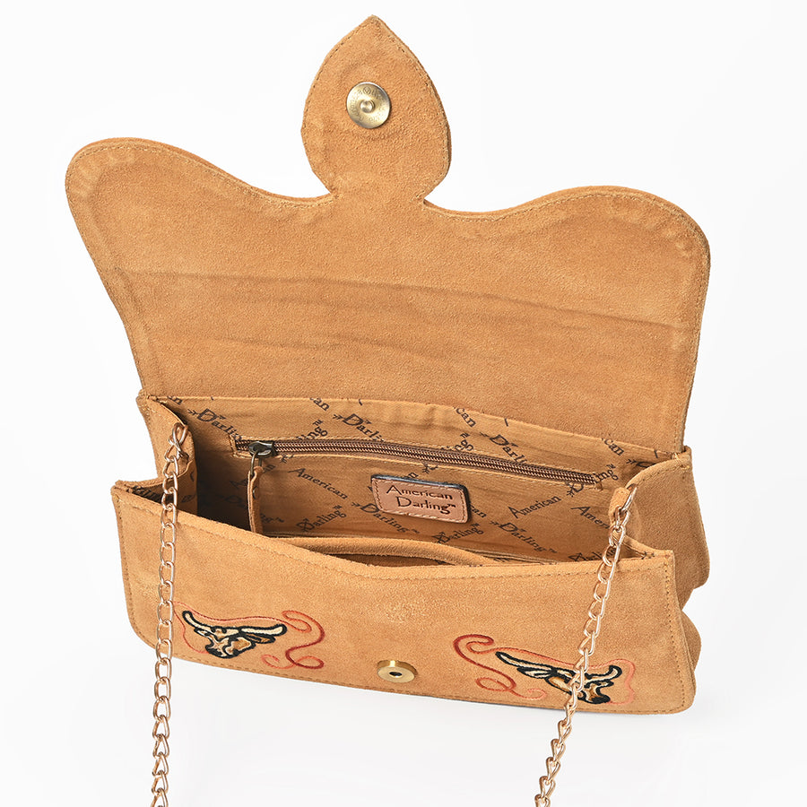 American Darling Cross body Bag for Women, Embroidered Genuine Suede Leather with Longhorn Design, Western Purse with Chain Strap