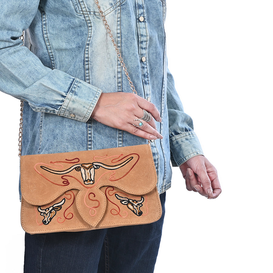 American Darling Cross body Bag for Women, Embroidered Genuine Suede Leather with Longhorn Design, Western Purse with Chain Strap