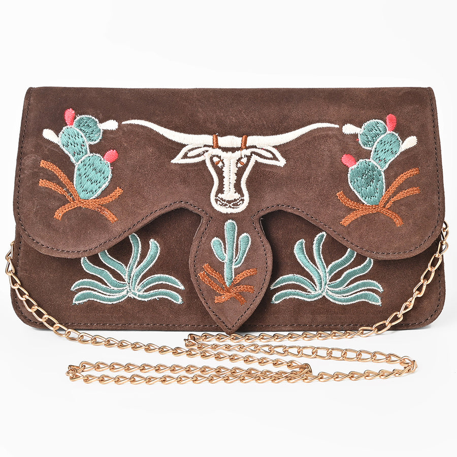 American Darling Cross body Bag for Women, Embroidered Genuine Suede Leather with Longhorn Design, Western Purse with Chain Strap