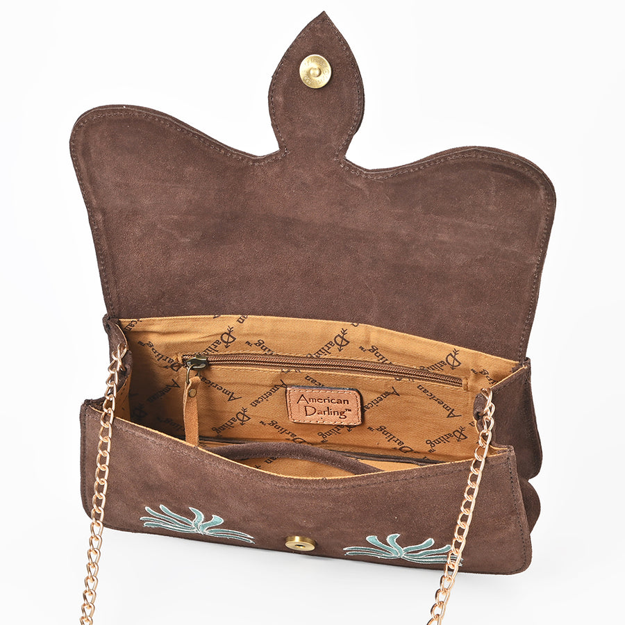 American Darling Cross body Bag for Women, Embroidered Genuine Suede Leather with Longhorn Design, Western Purse with Chain Strap
