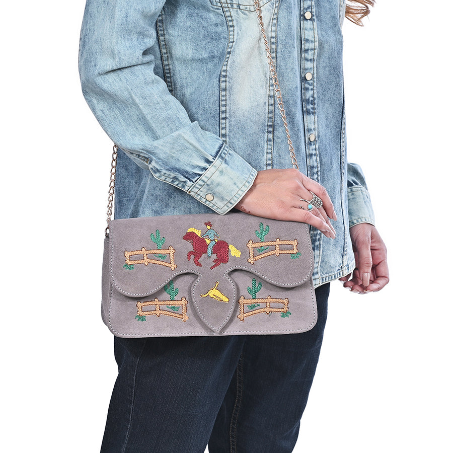 American Darling Cross body Bag for Women, Embroidered Genuine Suede Leather with Longhorn Design, Western Purse with Chain Strap