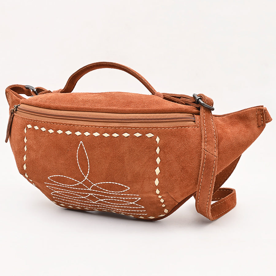 American Darling Western Genuine Suede Leather Fanny Pack with Boot Stitching - Handmade Black Waist Bag - Uhorse