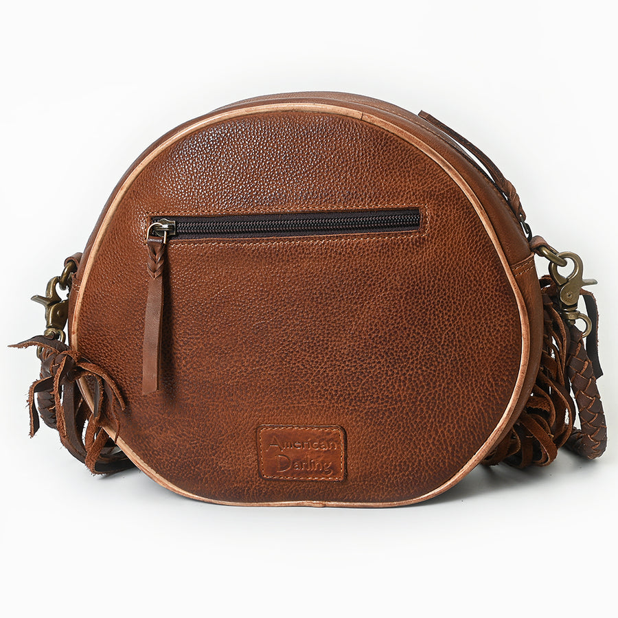 American Darling Canteen Bag Western Genuine Leather Handcrafted Round Purse with Fringes and Turquoise Stone