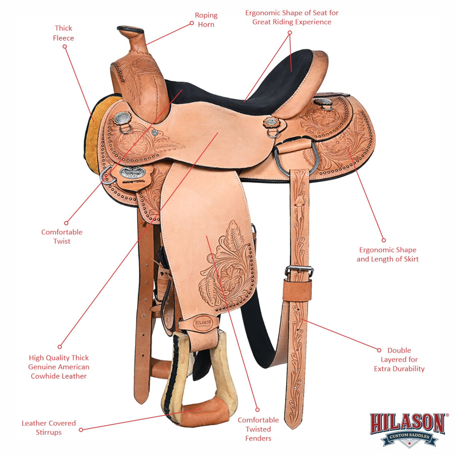 HILASON Western American Leather Hand Carved Horse Saddle Ranch Roping Cowboy With Headstall & Breast Collar Set Floral Tan