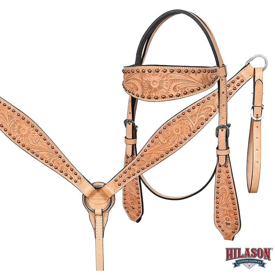 HILASON Western American Leather Hand Carved Horse Saddle Ranch Roping Cowboy With Headstall & Breast Collar Set Floral Tan