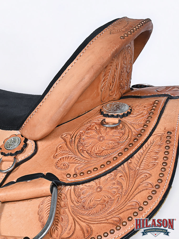 HILASON Western American Leather Hand Carved Horse Saddle Ranch Roping Cowboy With Headstall & Breast Collar Set Floral Tan