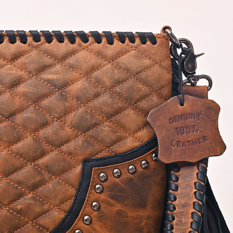 American Darling Western Cross body Bag Quilted Genuine Leather Handcrafted Shoulder Bag with Fringes Rivets and Braided Strap