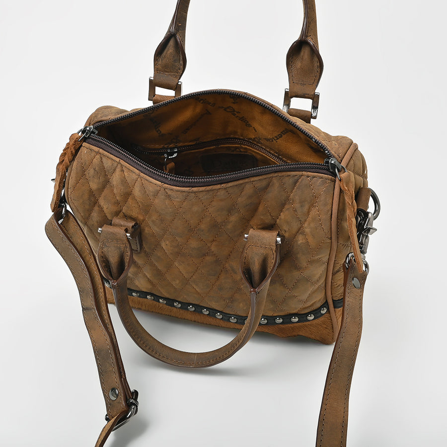 American Darling Quilted Genuine Leather & Hair-On Hide Crossbody Satchel Purse for Women Western Handbag with Studded Detail