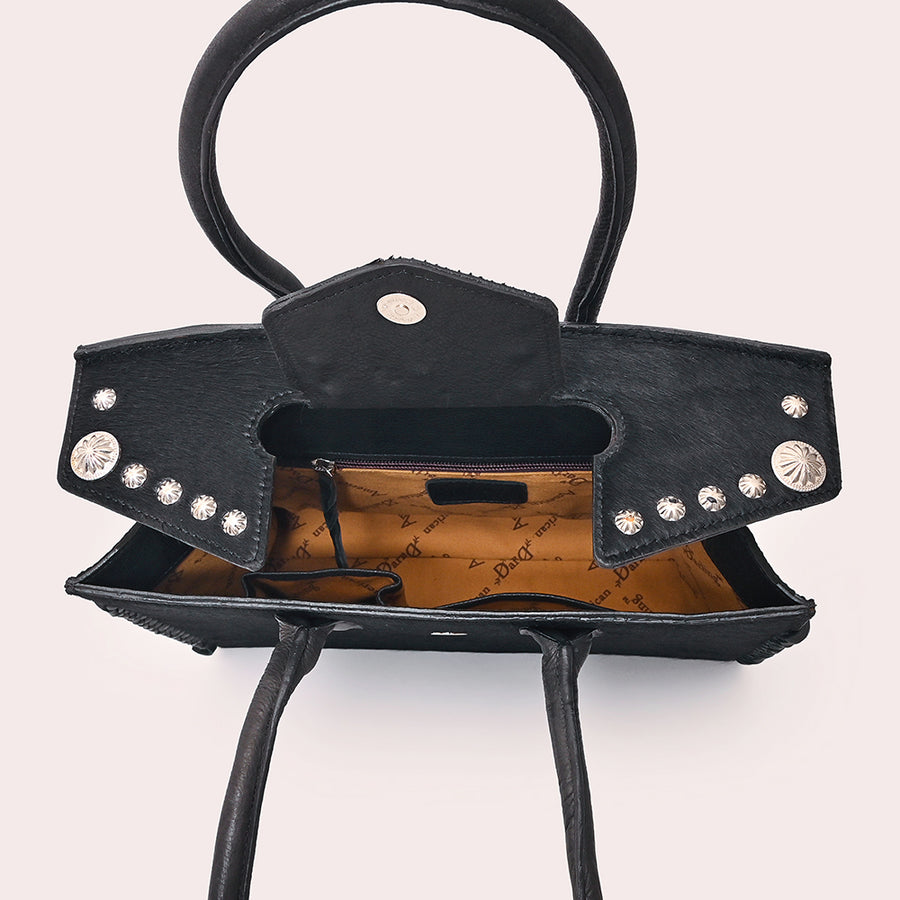American Darling Western Tote Bag Rivetted Genuine Full Grain Leather Handcrafted Purse with Hair-On Cowhide and Concho